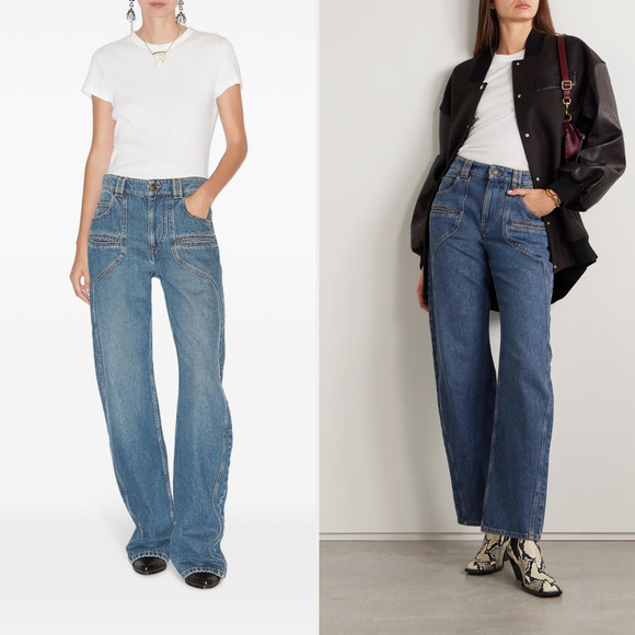 $695 ISABEL MARANT BETIANE JEANS size 40 Wide Leg Zip Fly Unique Stitching Logo - Picture 8 of 11